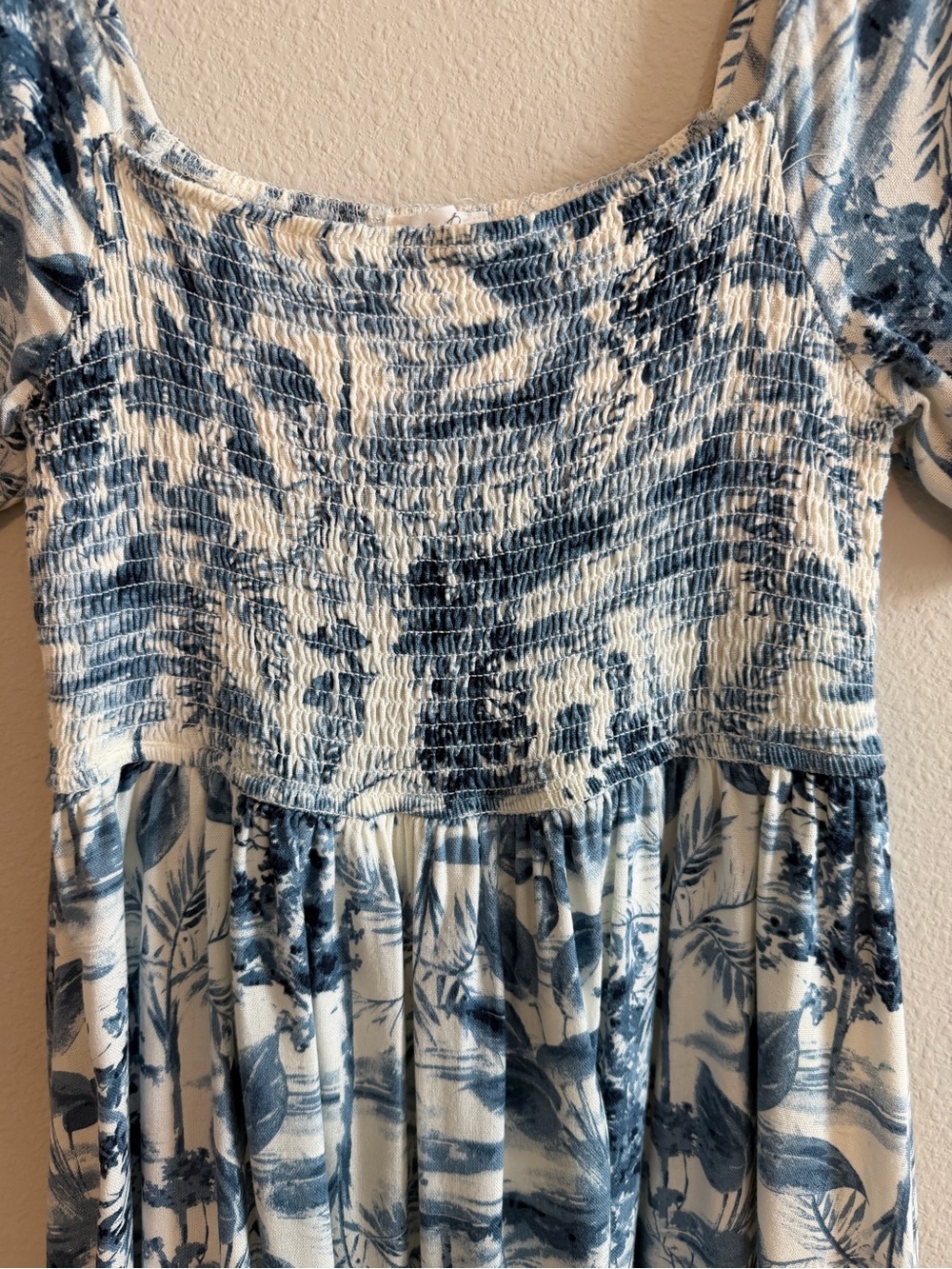 Blue and White Floral Maxi Dress with Smocked Bodice - Picture 4 of 7